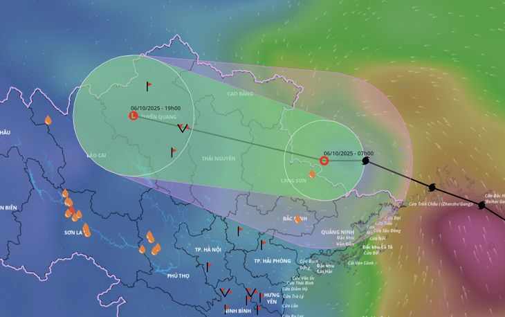 bão matmo - Ảnh 1. Dự báo vị trí và hướng di chuyển áp thấp nhiệt đới lúc 7h sáng 6-10 - Ảnh: VNDMS